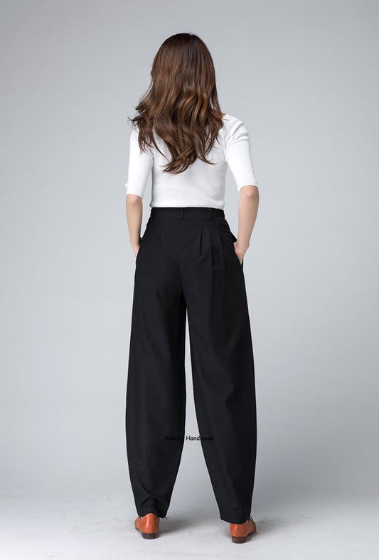 Black Linen Blend Pleated Tapered Pants - Vintage Inspired Comfort 1499