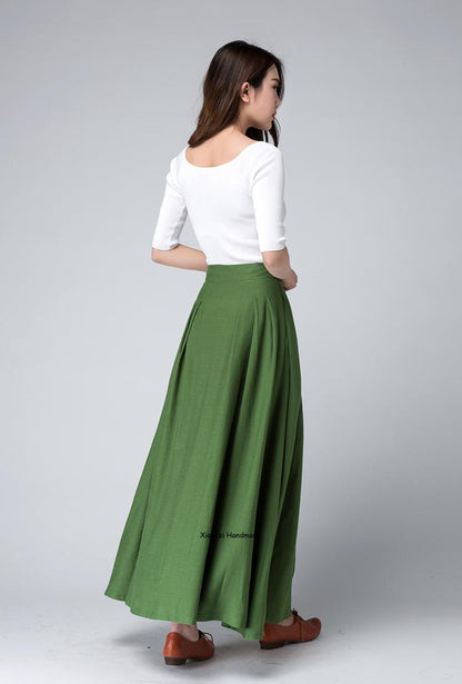 Green Linen Cotton Maxi Skirt - Pleated A-Line Silhouette 1502