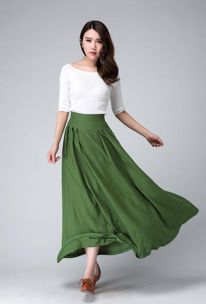 Green Linen Cotton Maxi Skirt - Pleated A-Line Silhouette 1502