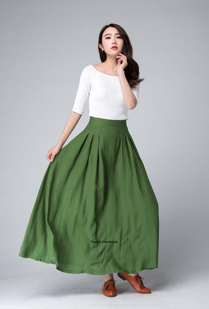 Green Linen Cotton Maxi Skirt - Pleated A-Line Silhouette 1502