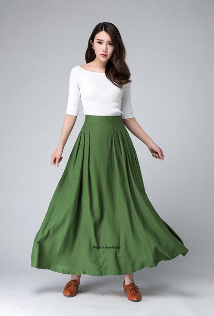 Green Linen Cotton Maxi Skirt - Pleated A-Line Silhouette 1502