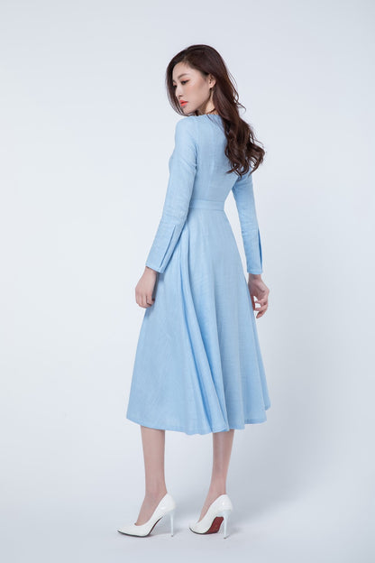 Light Blue Linen Long Sleeve Dress – Handmade A-Line Midi with Lapel Collar | Xiaolizi 1727