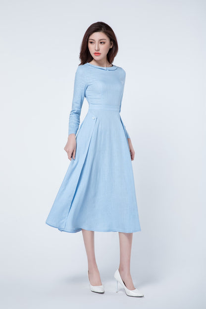 Light Blue Linen Long Sleeve Dress – Handmade A-Line Midi with Lapel Collar | Xiaolizi 1727