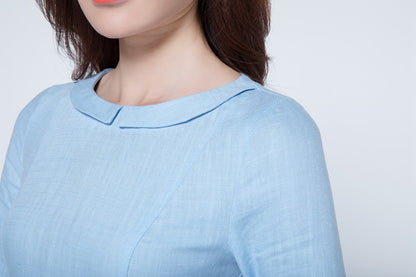 Light Blue Linen Long Sleeve Dress – Handmade A-Line Midi with Lapel Collar | Xiaolizi 1727