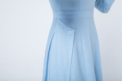 Light Blue Linen Long Sleeve Dress – Handmade A-Line Midi with Lapel Collar | Xiaolizi 1727