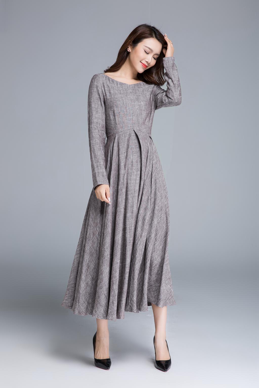 Brown Linen Maxi Dress with Pleated A-Line Silhouette for Elegant Evenings – Xiaolizi