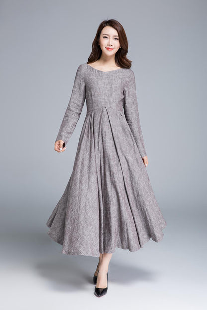 Brown Linen Maxi Dress - Pleated A-Line Silhouette 1652