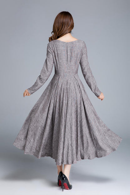 Brown Linen Maxi Dress - Pleated A-Line Silhouette 1652