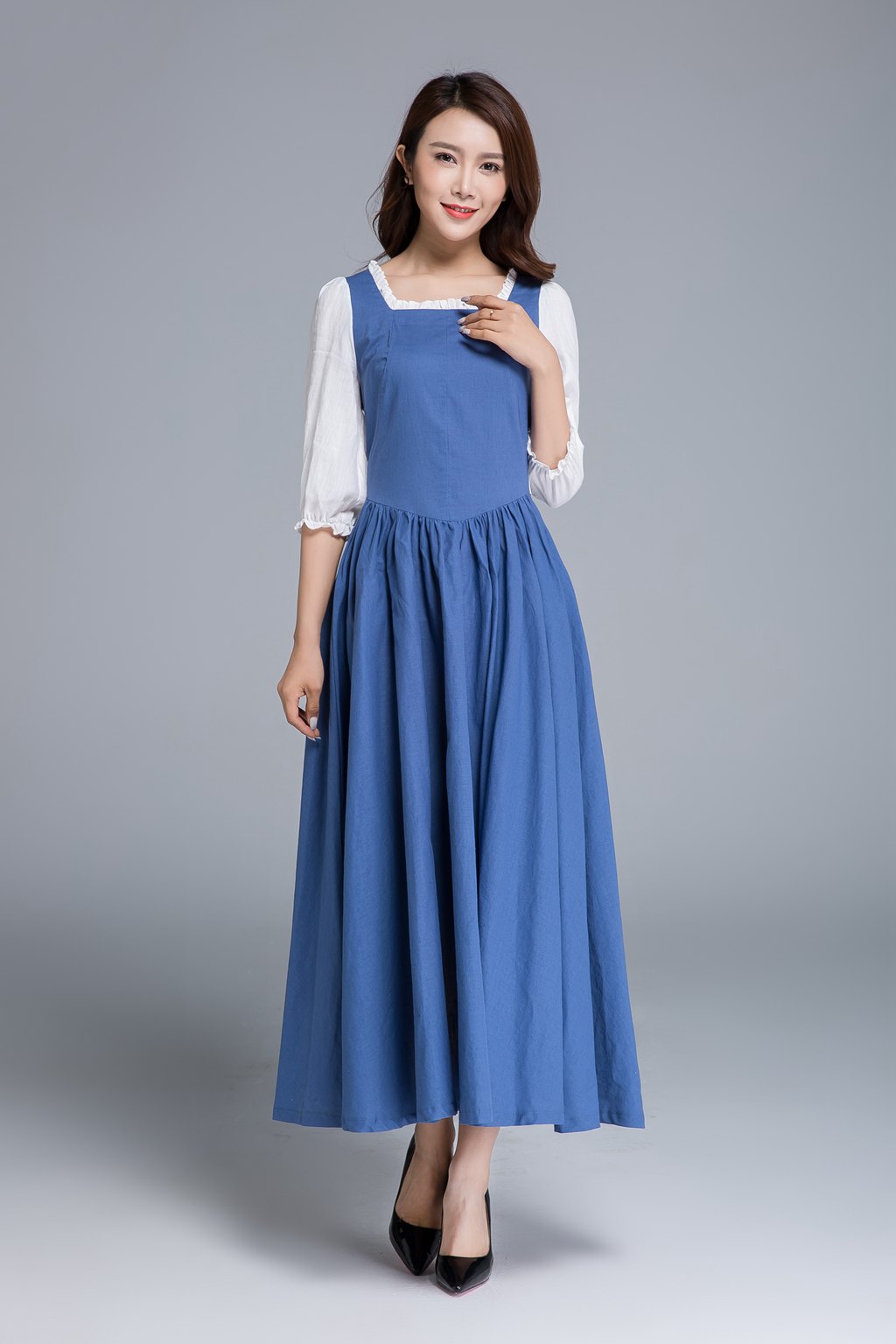 Blue Linen Princess Dress Belle Inspired Maxi Party Dress 1659 Blue / S Blue Linen Princess Dress Belle Inspired Maxi Party Dress 1659 Blue / S