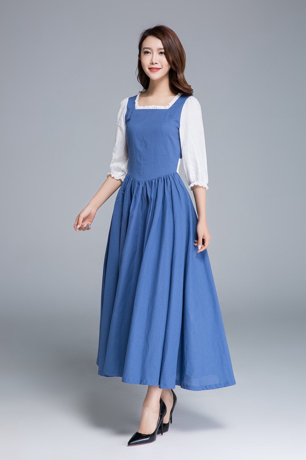 Blue Linen Princess Dress Belle Inspired Maxi Party Dress 1659 Blue / S Blue Linen Princess Dress Belle Inspired Maxi Party Dress 1659 Blue / S