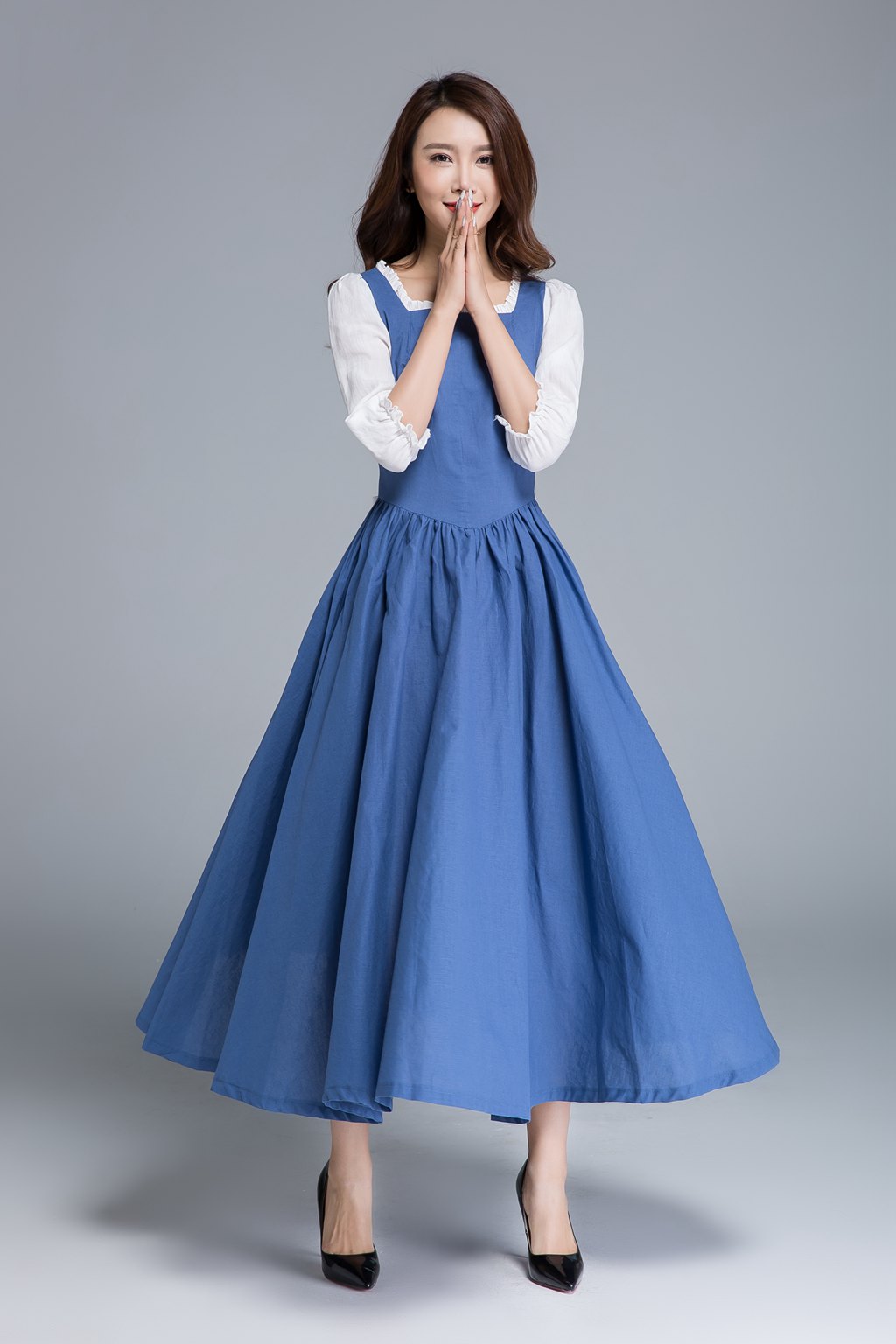 Blue Linen Princess Dress Belle Inspired Maxi Party Dress 1659 Blue / S Blue Linen Princess Dress Belle Inspired Maxi Party Dress 1659 Blue / S
