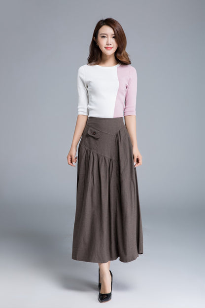 High Waist Linen Maxi Skirt – Elastic Back A-Line Skirt with Side Pockets  1660