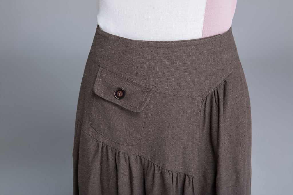 Elastic back band Linen high waist irregular maxi length skirt 1660