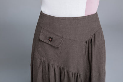 High Waist Linen Maxi Skirt – Elastic Back A-Line Skirt with Side Pockets  1660