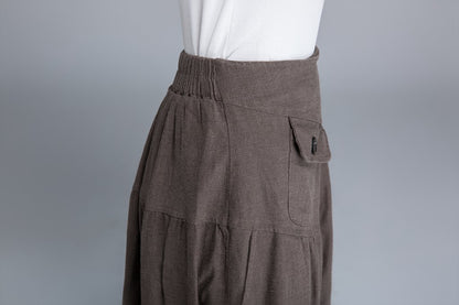 High Waist Linen Maxi Skirt – Elastic Back A-Line Skirt with Side Pockets  1660