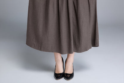 High Waist Linen Maxi Skirt – Elastic Back A-Line Skirt with Side Pockets  1660