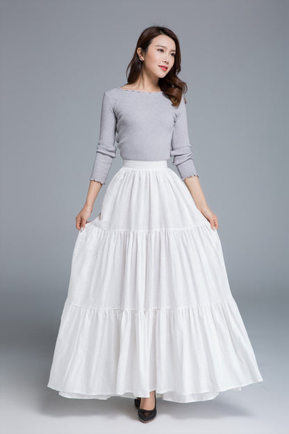 White Linen Maxi Skirt - Tiered Full Pleated Silhouette 1674