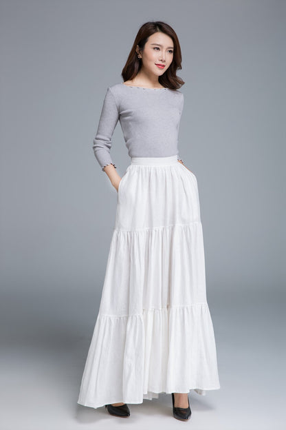 White Linen Maxi Skirt - Tiered Full Pleated Silhouette 1674