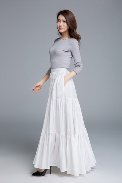 White Linen Maxi Skirt - Tiered Full Pleated Silhouette 1674