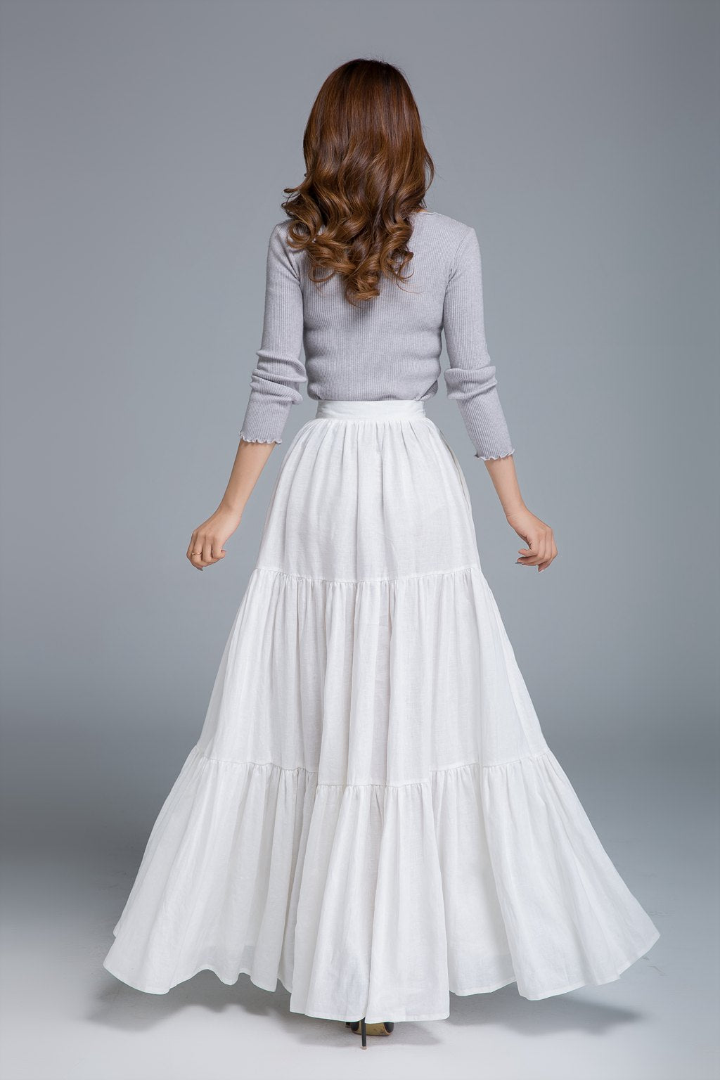white skirt, linen skirt, full skirt, pleated skirt 1674