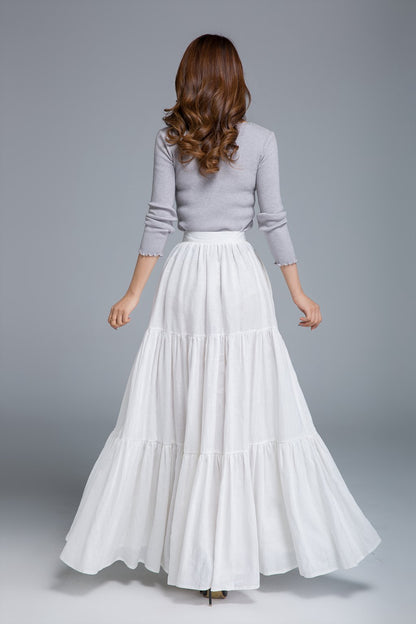 White Linen Maxi Skirt - Tiered Full Pleated Silhouette 1674