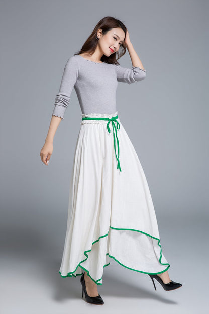 White Linen Maxi Skirt - Swing Silhouette with Drawstring Waist 1675