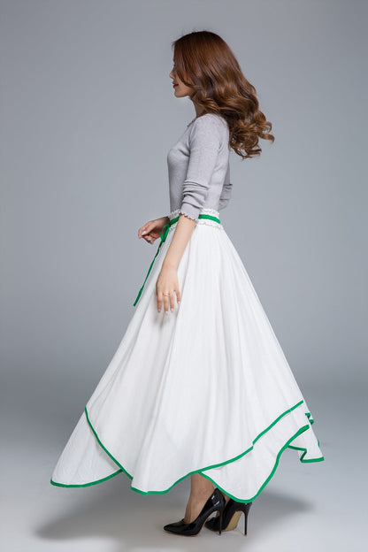 White Linen Maxi Skirt - Swing Silhouette with Drawstring Waist 1675