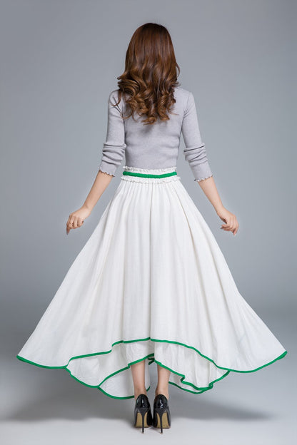 White Linen Maxi Skirt - Swing Silhouette with Drawstring Waist 1675