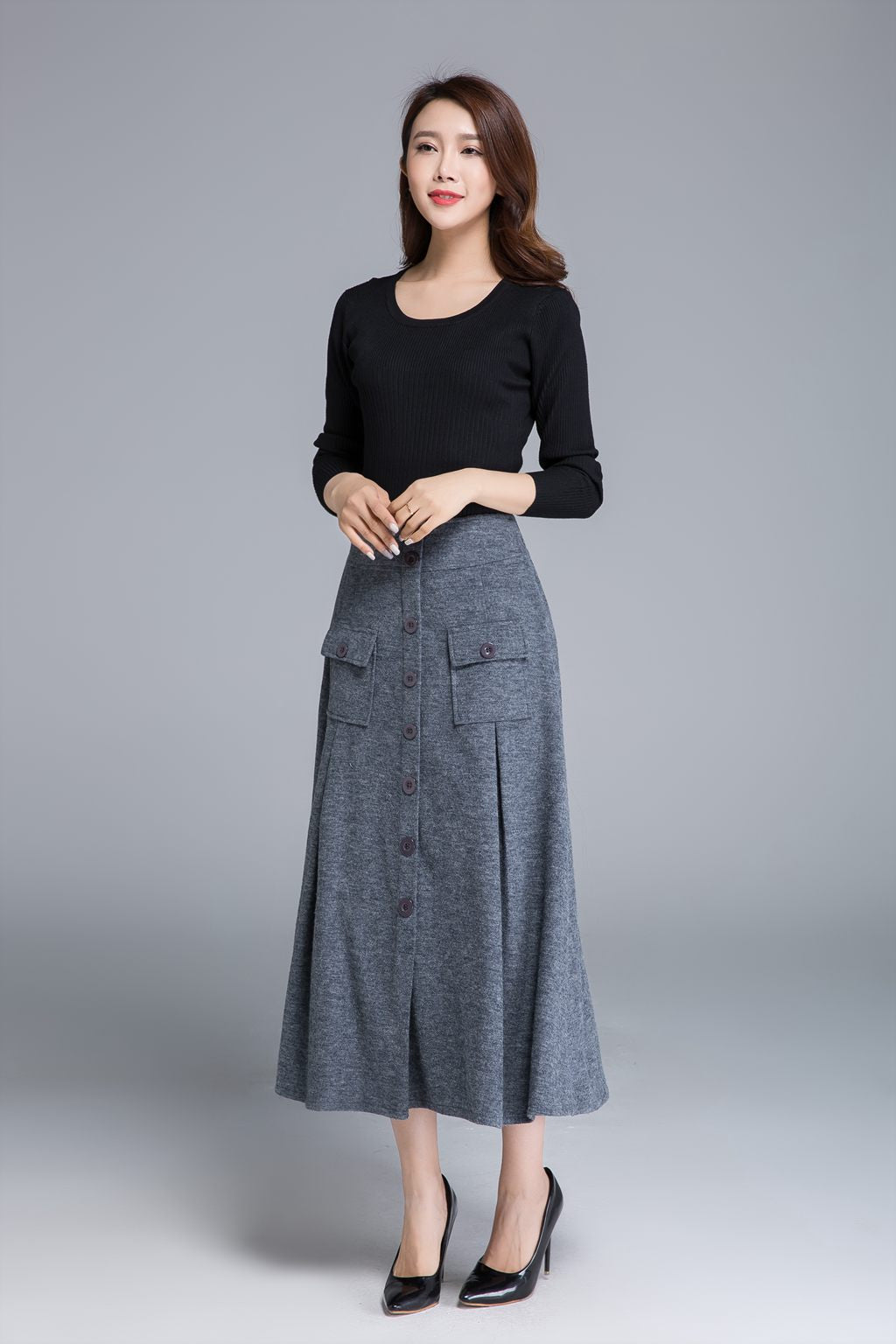 grey skirt, wool skirt, button skirt, midi skirt 1676 – XiaoLizi