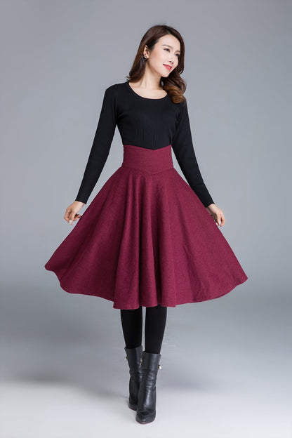 Burgundy Wool Blend Midi Skirt - High Waist Swing A-Line 1678