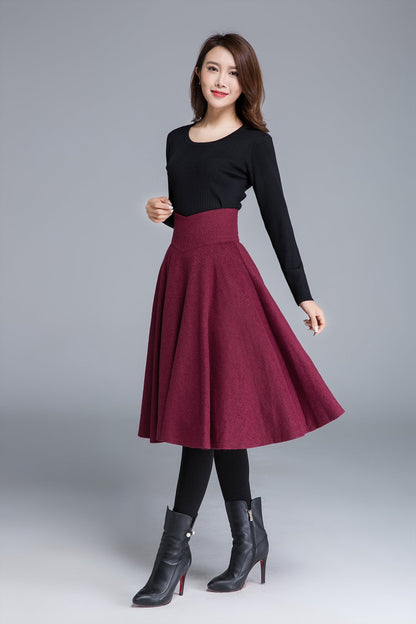 Burgundy Wool Blend Midi Skirt - High Waist Swing A-Line 1678