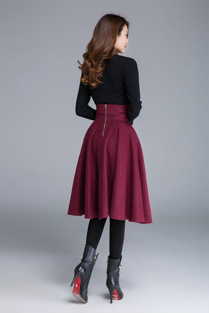 Burgundy Wool Blend Midi Skirt - High Waist Swing A-Line 1678