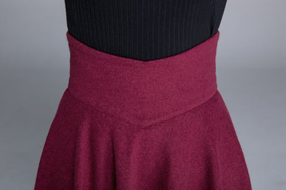Burgundy Wool Blend Midi Skirt - High Waist Swing A-Line 1678