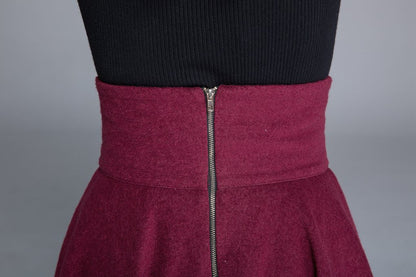 Burgundy Wool Blend Midi Skirt - High Waist Swing A-Line 1678