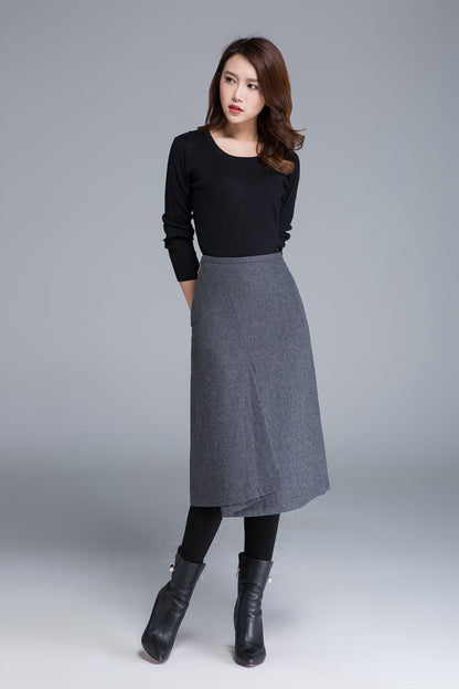 Gray Wool Blend Pencil Skirt – Handmade Fitted Midi for Women | Xiaolizi 1680