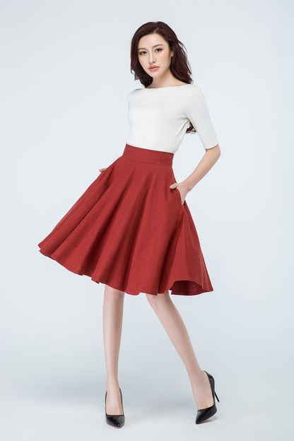 Red linen skit, Flare skirt