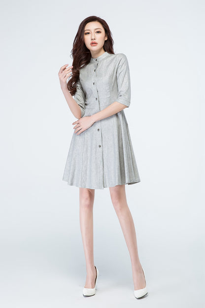 Light Grey Linen Shirt Dress - Fit and Flare with 3/4 Sleeves 1694
