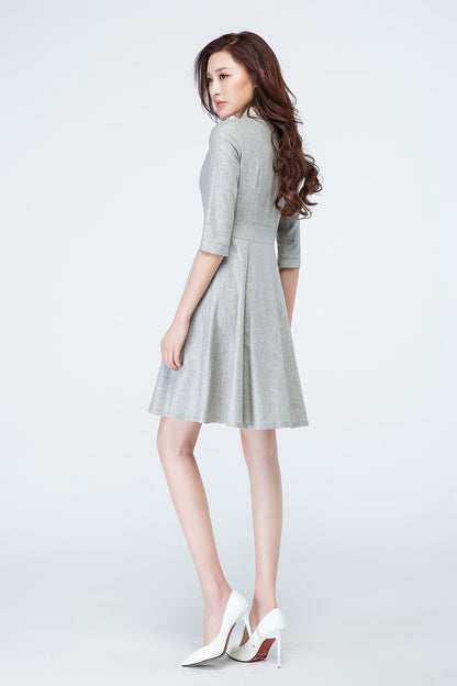 Light Grey Linen Shirt Dress - Fit and Flare with 3/4 Sleeves 1694