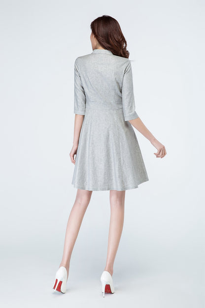 Light Grey Linen Shirt Dress - Fit and Flare with 3/4 Sleeves 1694