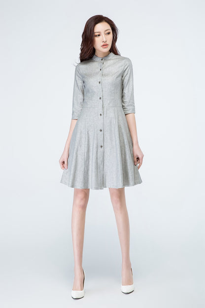 Light Grey Linen Shirt Dress - Fit and Flare with 3/4 Sleeves 1694