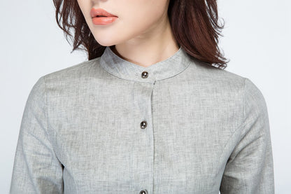 Light Grey Linen Shirt Dress - Fit and Flare with 3/4 Sleeves 1694