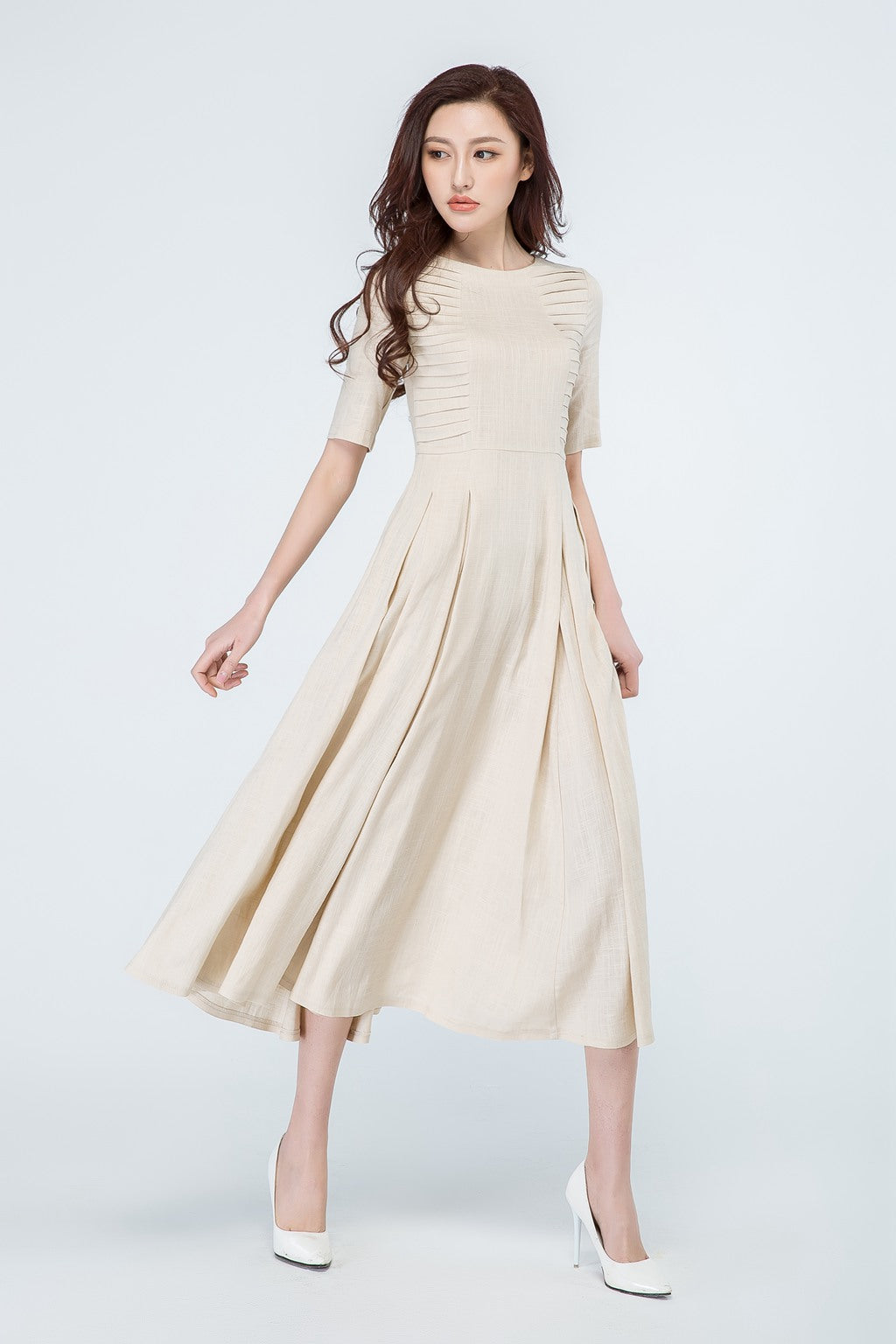Beige Linen Midi Dress - Pleated Scoop Neck and Defined Waist 1695 - Beige / XS Beige Linen Midi Dress - Pleated Scoop Neck and Defined Waist 1695 - Beige / XS