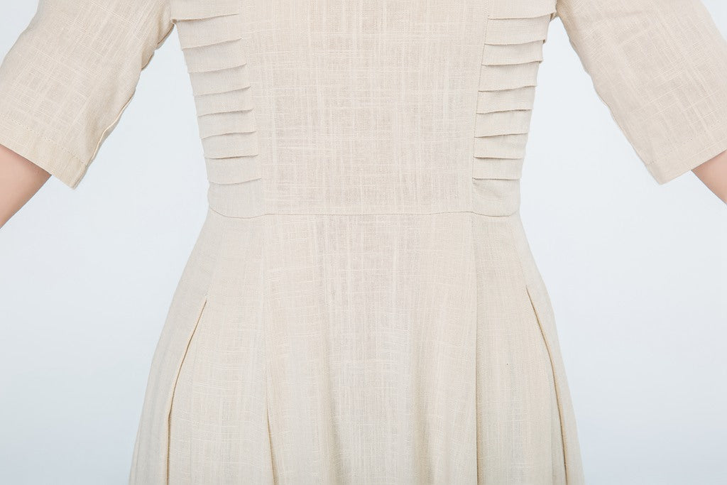 Beige Linen Midi Dress with Pleated Scoop Neck and Defined Waist Xiaolizi Beige Linen Midi Dress with Pleated Scoop Neck and Defined Waist Xiaolizi