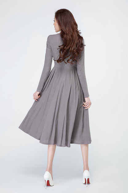 Handmade Gray Pleated Midi Dress – Long Sleeve Linen Cotton A-Line Dress | Xiaolizi 1696