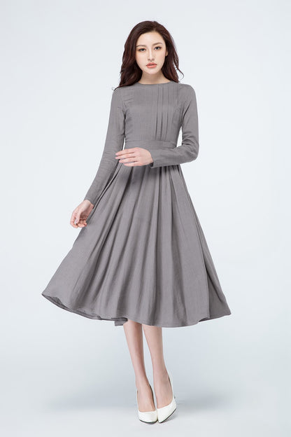 Handmade Gray Pleated Midi Dress – Long Sleeve Linen Cotton A-Line Dress | Xiaolizi 1696