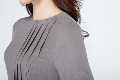 Handmade Gray Pleated Midi Dress – Long Sleeve Linen Cotton A-Line Dress | Xiaolizi 1696