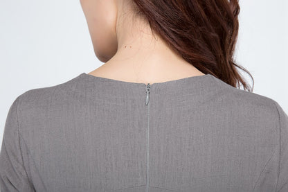 Handmade Gray Pleated Midi Dress – Long Sleeve Linen Cotton A-Line Dress | Xiaolizi 1696