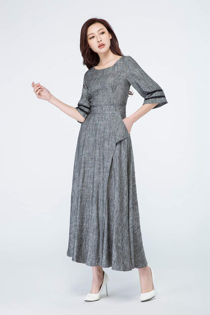Grey Linen Maxi Dress - Tiered & Elbow Sleeve 1698