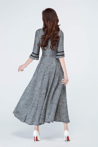 Grey Linen Maxi Dress - Tiered & Elbow Sleeve 1698