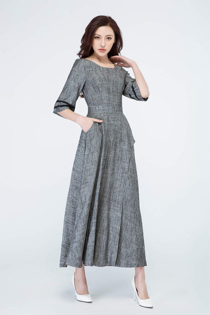 Grey Linen Maxi Dress - Tiered & Elbow Sleeve 1698